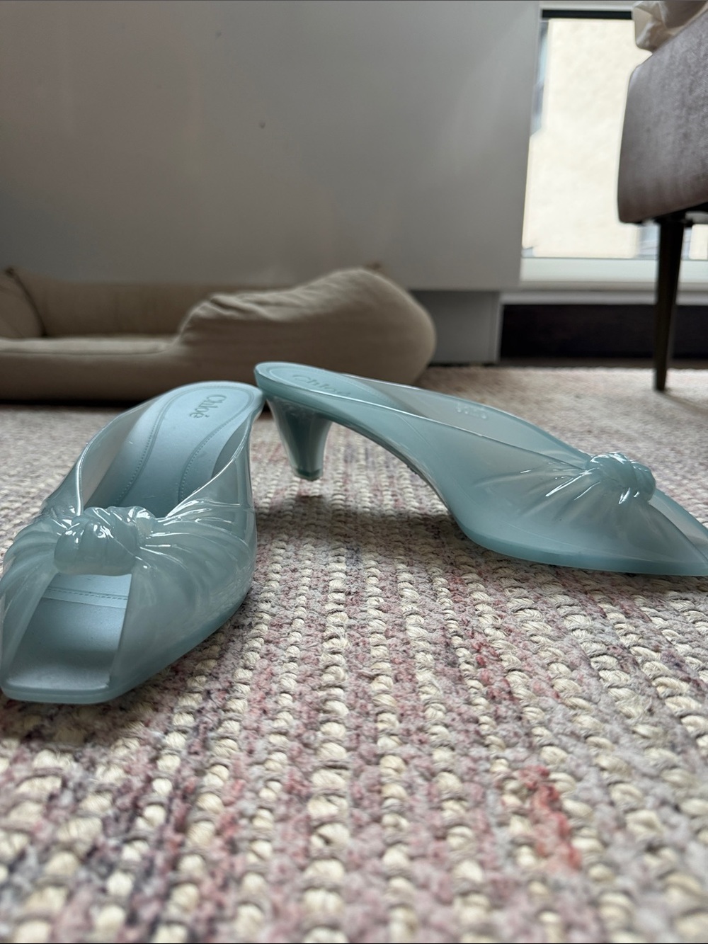 Chloe Brand New Light Blue Knot-Detail Women’s Kitten Heel Jelly Mules